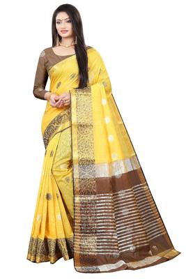 Yellow woven cotton silk saree with blouse 1