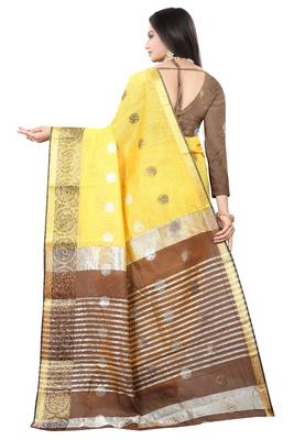 Yellow woven cotton silk saree with blouse 3