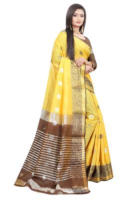 Yellow woven cotton silk saree with blouse 4