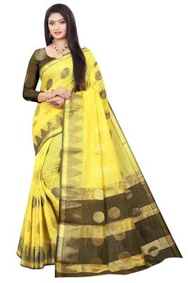 Yellow woven cotton silk saree with blouse 1
