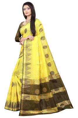 Yellow woven cotton silk saree with blouse 2