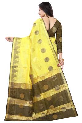 Yellow woven cotton silk saree with blouse 4
