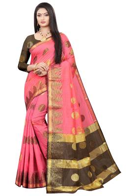 Pink woven cotton silk saree with blouse 1