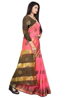 Pink woven cotton silk saree with blouse 3