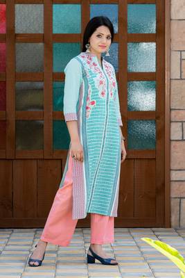 Turquoise floral print cotton salwar 4