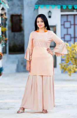 Peach resham embroidery rayon salwar 1