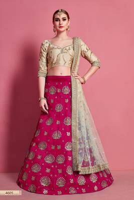 Rani-pink embroidered silk semi stitched lehenga 3
