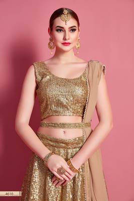 Beige embroidered silk semi stitched lehenga 3