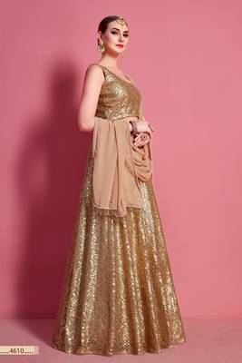 Beige embroidered silk semi stitched lehenga 4