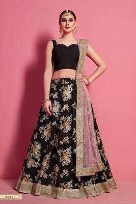 Black embroidered silk semi stitched lehenga 2