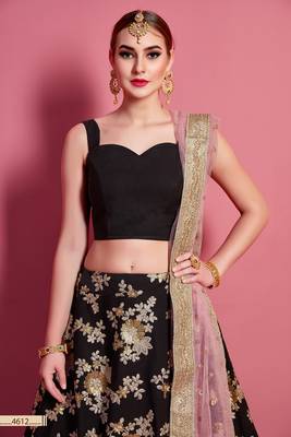 Black embroidered silk semi stitched lehenga 4