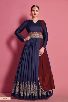 Navy-blue embroidered silk semi stitched lehenga 1