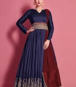 Navy-blue embroidered silk semi stitched lehenga
