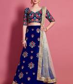 Navy-blue embroidered silk semi stitched lehenga