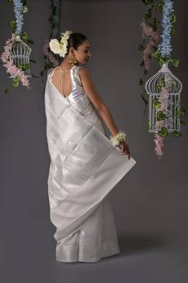 White woven banarasi silk saree with blouse 5