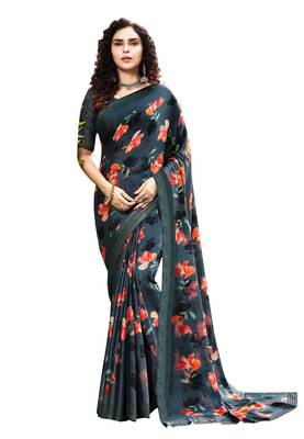 Fancy Party Wear Sober Look Georgette Printed Satin Border Border Work Saree 1