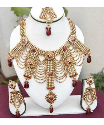 Crystal Red Gold Ethnic Indian Bridal Necklace Set 1
