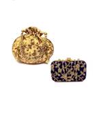 Shoptory India Women's Tulle Velvet Handcrafted Embroidered Clutch with Velvet Potli Combo - Blue/Gold