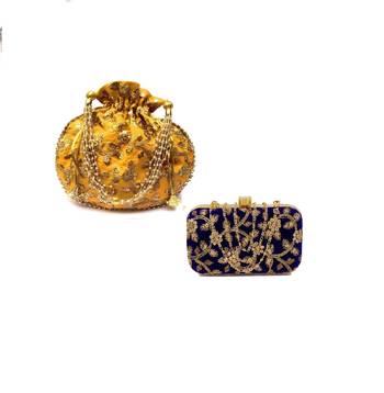 Shoptory India Women's Tulle Velvet Handcrafted Embroidered Clutch with Velvet Potli Combo - Blue/Yellow 1