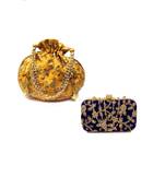 Shoptory India Women's Tulle Velvet Handcrafted Embroidered Clutch with Velvet Potli Combo - Blue/Yellow