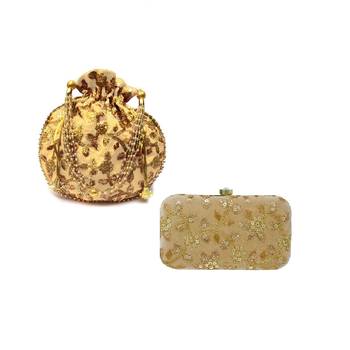 Shoptory India Women's Tulle Velvet Handcrafted Embroidered Clutch with Velvet Potli Combo - Gold/Gold 1
