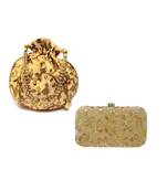 Shoptory India Women's Tulle Velvet Handcrafted Embroidered Clutch with Velvet Potli Combo - Gold/Gold