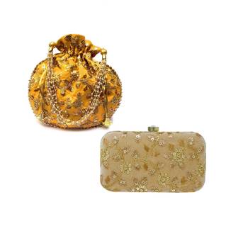 Shoptory India Women's Tulle Velvet Handcrafted Embroidered Clutch with Velvet Potli Combo - Gold/Yellow 1