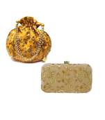 Shoptory India Women's Tulle Velvet Handcrafted Embroidered Clutch with Velvet Potli Combo - Gold/Yellow
