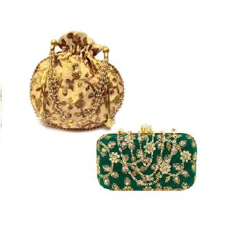 Shoptory India Women's Tulle Velvet Handcrafted Embroidered Clutch with Velvet Potli Combo - Green/Gold 1