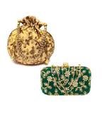 Shoptory India Women's Tulle Velvet Handcrafted Embroidered Clutch with Velvet Potli Combo - Green/Gold
