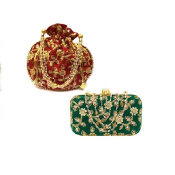 Shoptory India Women's Tulle Velvet Handcrafted Embroidered Clutch with Velvet Potli Combo - Green/Maroon 1