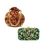 Shoptory India Women's Tulle Velvet Handcrafted Embroidered Clutch with Velvet Potli Combo - Green/Maroon