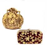 Shoptory India Women's Tulle Velvet Handcrafted Embroidered Clutch with Velvet Potli Combo - Maroon/Gold