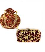 Shoptory India Women's Tulle Velvet Handcrafted Embroidered Clutch with Velvet Potli Combo - Maroon/Maroon