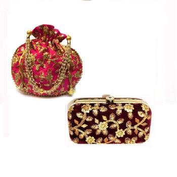 Shoptory India Women's Tulle Velvet Handcrafted Embroidered Clutch with Velvet Potli Combo - Maroon/Pink 1