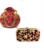 Shoptory India Women's Tulle Velvet Handcrafted Embroidered Clutch with Velvet Potli Combo - Maroon/Pink