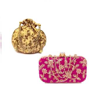 Shoptory India Women's Tulle Velvet Handcrafted Embroidered Clutch with Velvet Potli Combo - Pink/Gold 1