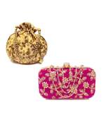 Shoptory India Women's Tulle Velvet Handcrafted Embroidered Clutch with Velvet Potli Combo - Pink/Gold