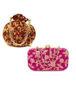 Shoptory India Women's Tulle Velvet Handcrafted Embroidered Clutch with Velvet Potli Combo - Pink/Maroon