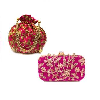 Shoptory India Women's Tulle Velvet Handcrafted Embroidered Clutch with Velvet Potli Combo - Pink/Pink 1