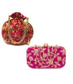 Shoptory India Women's Tulle Velvet Handcrafted Embroidered Clutch with Velvet Potli Combo - Pink/Pink