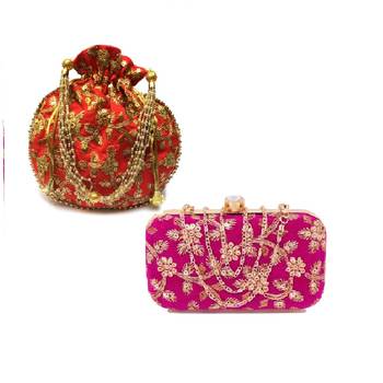 Shoptory India Women's Tulle Velvet Handcrafted Embroidered Clutch with Velvet Potli Combo - Pink/Red 1