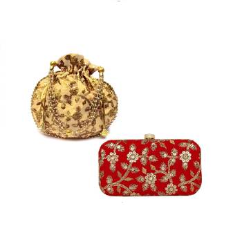 Shoptory India Women's Tulle Velvet Handcrafted Embroidered Clutch with Velvet Potli Combo - Red/Gold 1