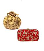 Shoptory India Women's Tulle Velvet Handcrafted Embroidered Clutch with Velvet Potli Combo - Red/Gold