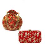 Shoptory India Women's Tulle Velvet Handcrafted Embroidered Clutch with Velvet Potli Combo - Red/Red