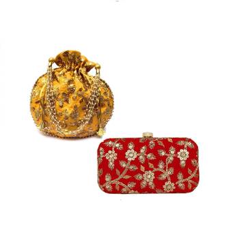 Shoptory India Women's Tulle Velvet Handcrafted Embroidered Clutch with Velvet Potli Combo - Red/Yellow 1