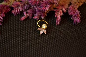 Designer stone studded premium gold plated diamond nose-ring or nose pin 1