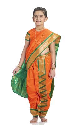 Bhartiya Paridhan Girls Ready To Wear Traditional 9 Var Orange Shahi Mastani Saree With Stitched Blouse 1