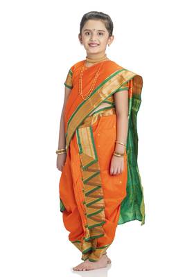Bhartiya Paridhan Girls Ready To Wear Traditional 9 Var Orange Shahi Mastani Saree With Stitched Blouse 2