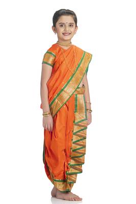 Bhartiya Paridhan Girls Ready To Wear Traditional 9 Var Orange Shahi Mastani Saree With Stitched Blouse 3